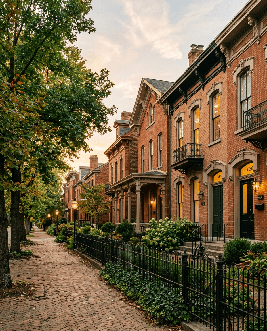 Historic brick rowhouses on a tree-lined Columbus street