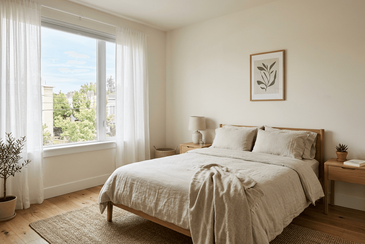 Bedroom with neutral linens and large window