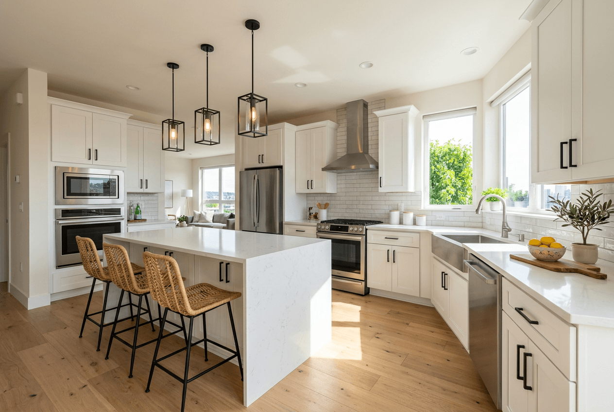 Kitchen with white cabinets and quartz counters